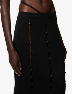 Button Mid-rise Cotton-blend Knitted Maxi Skirt -Ted Bakee Fashion Shop R04170535 BLACK ALT04
