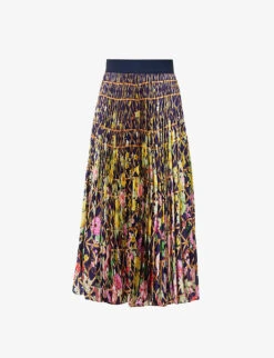 Floral-pattern High-waisted Regular-fit Satin Midi Skirt