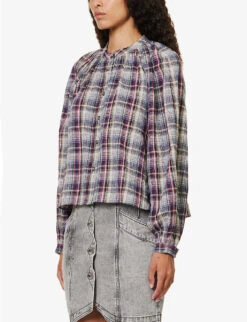 Isabel Marant Etoile Blandine Check-pattern Cotton And Linen-blend Shirt -Ted Bakee Fashion Shop R04171818 BLUE ALT02