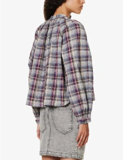 Isabel Marant Etoile Blandine Check-pattern Cotton And Linen-blend Shirt -Ted Bakee Fashion Shop R04171818 BLUE ALT03