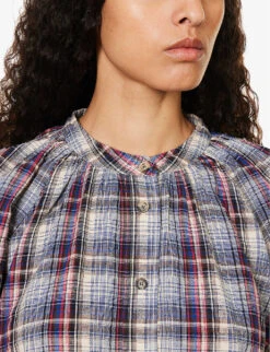 Isabel Marant Etoile Blandine Check-pattern Cotton And Linen-blend Shirt -Ted Bakee Fashion Shop R04171818 BLUE ALT04