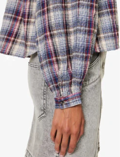 Isabel Marant Etoile Blandine Check-pattern Cotton And Linen-blend Shirt -Ted Bakee Fashion Shop R04171818 BLUE ALT05