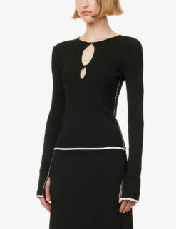 Long-sleeved Cut-out Stretch-knit Top -Ted Bakee Fashion Shop R04173376 BLACKIVORYTIPPING ALT02