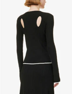 Long-sleeved Cut-out Stretch-knit Top -Ted Bakee Fashion Shop R04173376 BLACKIVORYTIPPING ALT03