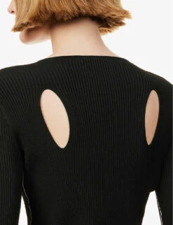 Long-sleeved Cut-out Stretch-knit Top -Ted Bakee Fashion Shop R04173376 BLACKIVORYTIPPING ALT05