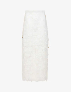 Zimmermann Raie Beaded-belt Floral-lace Midi Skirt