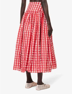 Gingham-print Flared-hem Woven Maxi Skirt 8 Gingham-print Flared-hem Woven Maxi Skirt -Ted Bakee Fashion Shop R04179386 ROUGEFUCHSIA ALT03