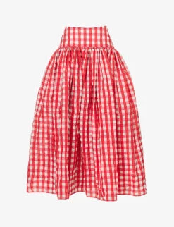 Gingham-print Flared-hem Woven Maxi Skirt