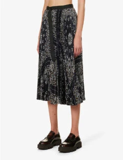 Sacai Pleated Paisley-print Woven Midi Skirt -Ted Bakee Fashion Shop R04180387 NAVY ALT02