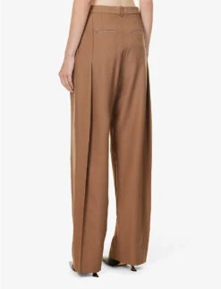 Victoria Beckham Pleated-front Straight-leg High-rise Woven Trousers -Ted Bakee Fashion Shop R04180548 FAWN ALT03