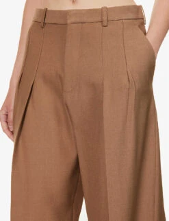 Victoria Beckham Pleated-front Straight-leg High-rise Woven Trousers -Ted Bakee Fashion Shop R04180548 FAWN ALT04