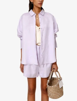 By Malina Candace Pearlescent-button Relaxed-fit Linen-blend Shirt -Ted Bakee Fashion Shop R04180768 VIOLET ALT02