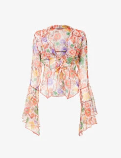Floral-pattern Flared-sleeve Woven Top