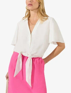 Flutter-sleeve Self-tie Relaxed-fit Woven Shirt -Ted Bakee Fashion Shop R04185925 WHITE ALT02