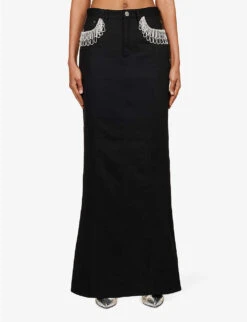 ROTATE Birger Christensen Crystal-fringe Organic-cotton Maxi Skirt -Ted Bakee Fashion Shop R04188252 BLACK ALT02