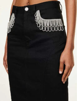 ROTATE Birger Christensen Crystal-fringe Organic-cotton Maxi Skirt -Ted Bakee Fashion Shop R04188252 BLACK ALT04