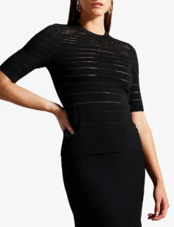 Ted Baker Kahlen Crew-neck Short-sleeve Knitted T-shirt 6 Ted Baker Kahlen Crew-neck Short-sleeve Knitted T-shirt -Ted Bakee Fashion Shop R04189322 BLACK ALT02