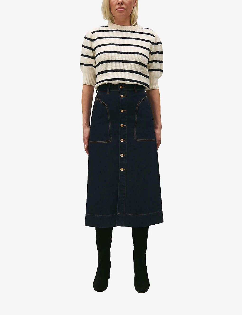 CLAUDIE PIERLOT Sally High-rise Straight-fit Stretch-denim Midi Skirt 2 CLAUDIE PIERLOT Sally High-rise Straight-fit Stretch-denim Midi Skirt - Image 2