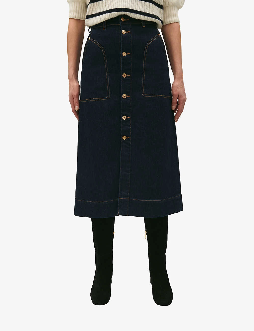 CLAUDIE PIERLOT Sally High-rise Straight-fit Stretch-denim Midi Skirt 3 CLAUDIE PIERLOT Sally High-rise Straight-fit Stretch-denim Midi Skirt - Image 3
