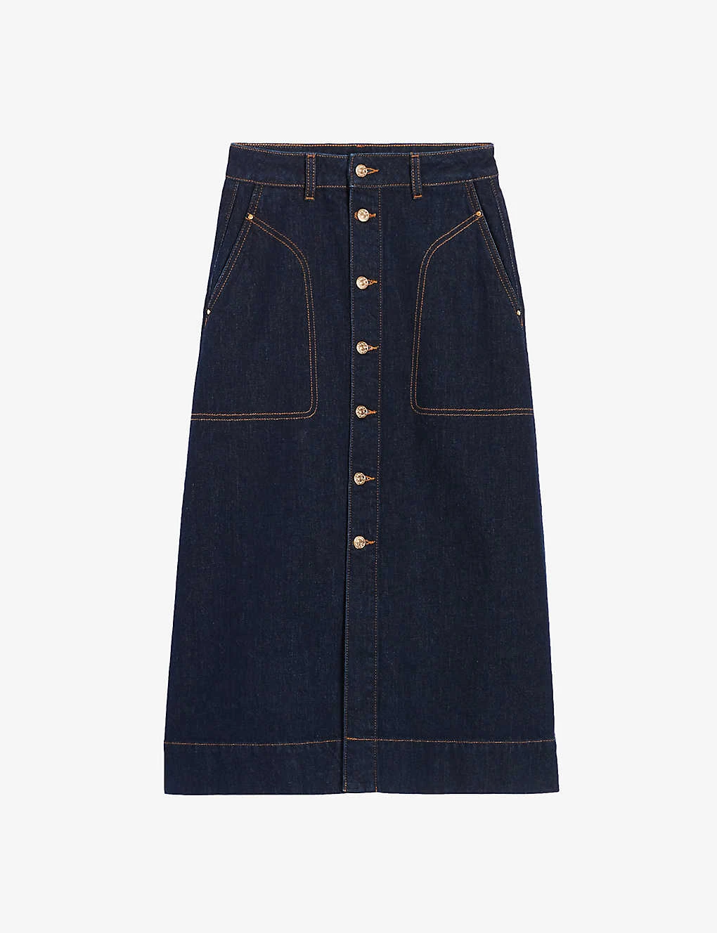 CLAUDIE PIERLOT Sally High-rise Straight-fit Stretch-denim Midi Skirt 1 CLAUDIE PIERLOT Sally High-rise Straight-fit Stretch-denim Midi Skirt