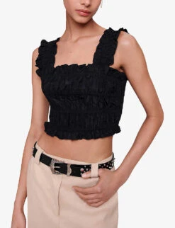 Maje Lunnaly Smocked Cropped Woven Top 7 Maje Lunnaly Smocked Cropped Woven Top -Ted Bakee Fashion Shop R04190237 NOIRGRIS ALT02
