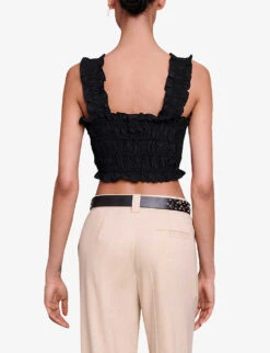 Maje Lunnaly Smocked Cropped Woven Top 8 Maje Lunnaly Smocked Cropped Woven Top -Ted Bakee Fashion Shop R04190237 NOIRGRIS ALT03