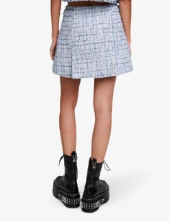 Maje Jolinete Branded-button Pleated Tweed Mini Skirt -Ted Bakee Fashion Shop R04190251 BLEUS ALT03