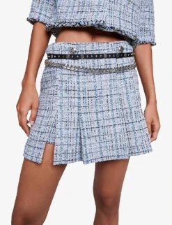 Maje Jolinete Branded-button Pleated Tweed Mini Skirt -Ted Bakee Fashion Shop R04190251 BLEUS ALT04