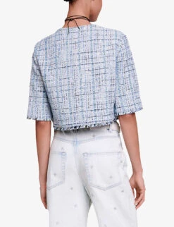 Maje Volinete Fringed-hem Cropped-length Tweed Jacket -Ted Bakee Fashion Shop R04190259 BLEUS ALT03