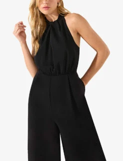 Sophia Twisted-neckline Wide-leg Crepe Jumpsuit -Ted Bakee Fashion Shop R04191967 BLACK ALT03