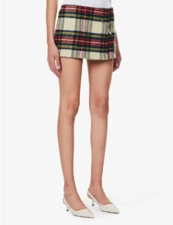 Prada Tartan Logo-appliqué Wool Mini Skirt -Ted Bakee Fashion Shop R04192401 AVORIO ALT02