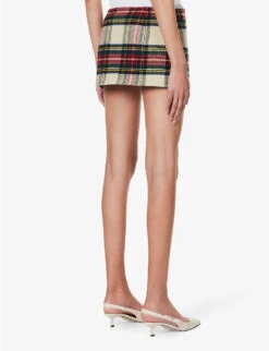 Prada Tartan Logo-appliqué Wool Mini Skirt -Ted Bakee Fashion Shop R04192401 AVORIO ALT03