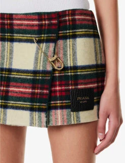 Prada Tartan Logo-appliqué Wool Mini Skirt -Ted Bakee Fashion Shop R04192401 AVORIO ALT04
