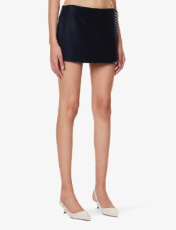 Prada Low-rise Logo-patch Cashmere Mini Skirt -Ted Bakee Fashion Shop R04192406 BLEU ALT02