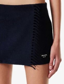 Prada Low-rise Logo-patch Cashmere Mini Skirt -Ted Bakee Fashion Shop R04192406 BLEU ALT04