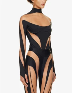 Mugler High-neck Sheer-panels Stretch-woven Body -Ted Bakee Fashion Shop R04192670 BLACKNUDE ALT02