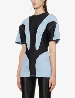 Mugler Panelled Short-sleeved Organic-cotton T-shirt -Ted Bakee Fashion Shop R04192671 LIGHTBLUEBLACK ALT02