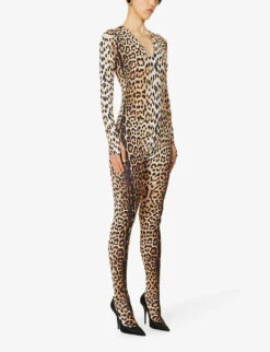 Roberto Cavalli Leopard-print Slim-fit Stretch-woven Jumpsuit -Ted Bakee Fashion Shop R04192682 NATURALE ALT02