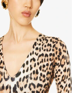 Roberto Cavalli Leopard-print Slim-fit Stretch-woven Jumpsuit -Ted Bakee Fashion Shop R04192682 NATURALE ALT05