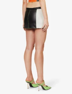 Check-print Low-waist Upcycled Mini Skirt 8 Check-print Low-waist Upcycled Mini Skirt -Ted Bakee Fashion Shop R04192927 ORANGEBLACKWHITE ALT03