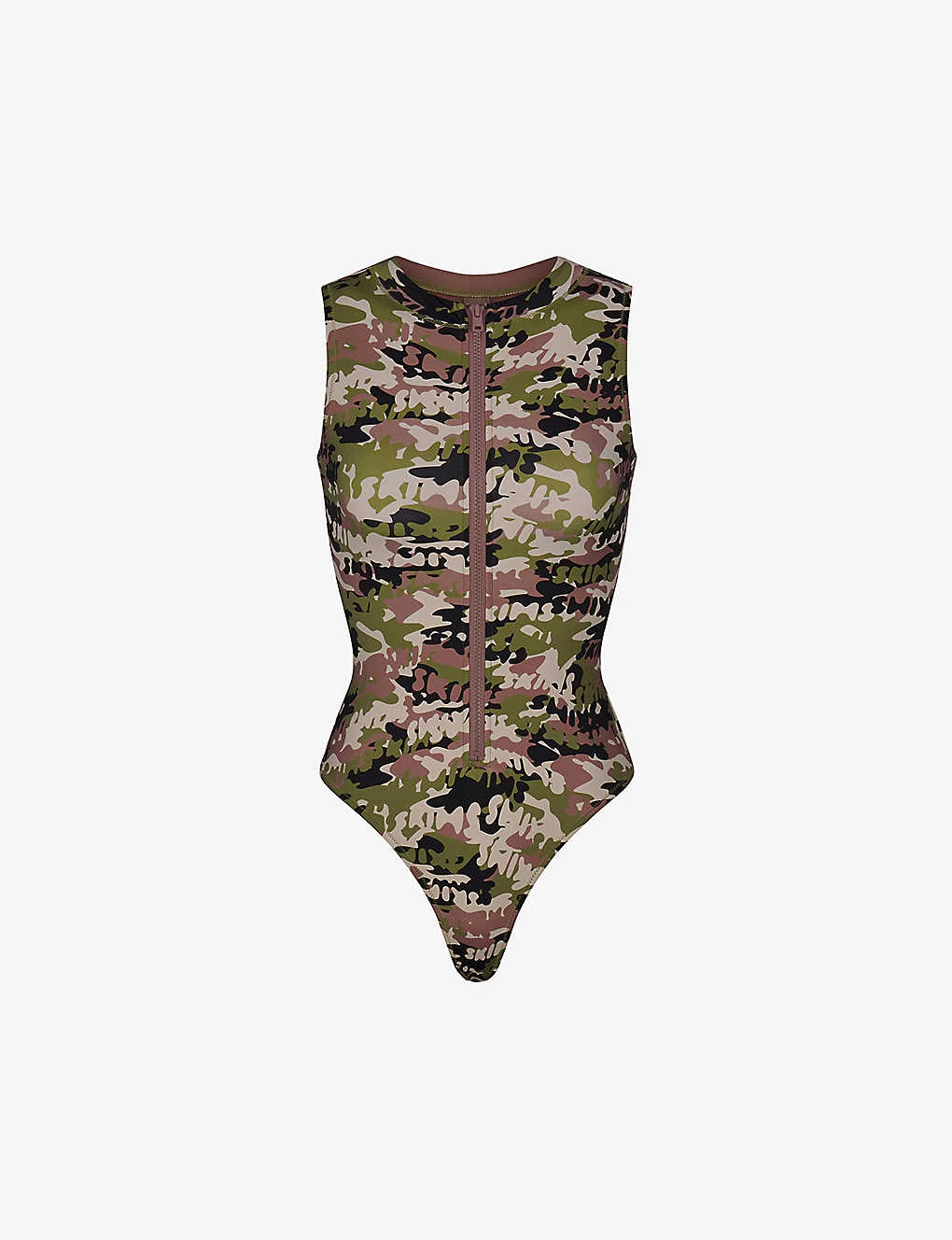 Zipped Camouflage-print Recycled Stretch-nylon Swimsuit 1 Zipped Camouflage-print Recycled Stretch-nylon Swimsuit