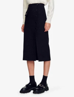 Sandro Tzara Front-split Button-embellished Tweed Midi Skirt -Ted Bakee Fashion Shop R04194619 NOIRGRIS ALT02