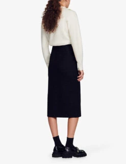 Sandro Tzara Front-split Button-embellished Tweed Midi Skirt -Ted Bakee Fashion Shop R04194619 NOIRGRIS ALT03