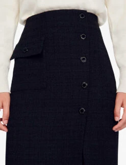 Sandro Tzara Front-split Button-embellished Tweed Midi Skirt -Ted Bakee Fashion Shop R04194619 NOIRGRIS ALT04
