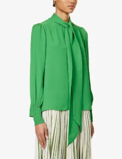 ME AND EM Shirred-trim Self-tie Silk Blouse -Ted Bakee Fashion Shop R04194877 RAINFORESTGREEN ALT02