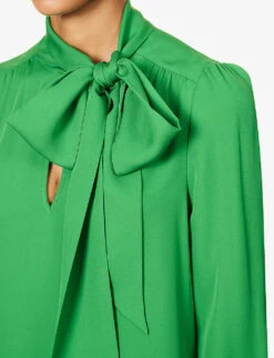 ME AND EM Shirred-trim Self-tie Silk Blouse -Ted Bakee Fashion Shop R04194877 RAINFORESTGREEN ALT04