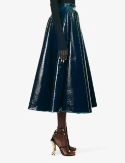 ALAIA Pleated Patent High-rise Wool-blend Midi Skirt 7 ALAIA Pleated Patent High-rise Wool-blend Midi Skirt -Ted Bakee Fashion Shop R04196703 BLEUPETROLE ALT02