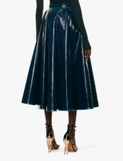ALAIA Pleated Patent High-rise Wool-blend Midi Skirt 8 ALAIA Pleated Patent High-rise Wool-blend Midi Skirt -Ted Bakee Fashion Shop R04196703 BLEUPETROLE ALT03