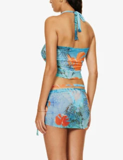 Jaded London Halterneck Bead-embellished Stretch-mesh Top -Ted Bakee Fashion Shop R04197645 MONSTERAPRINT ALT02