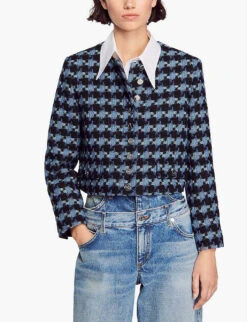 Sandro Boulogne Cropped Tweed Jacket -Ted Bakee Fashion Shop R04197685 BLEUS ALT02